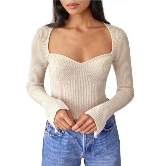 Reformation Sweaters - Reformation Glenna Sweetheart Neck Split Sleeve Cashmere Rib Sweater S